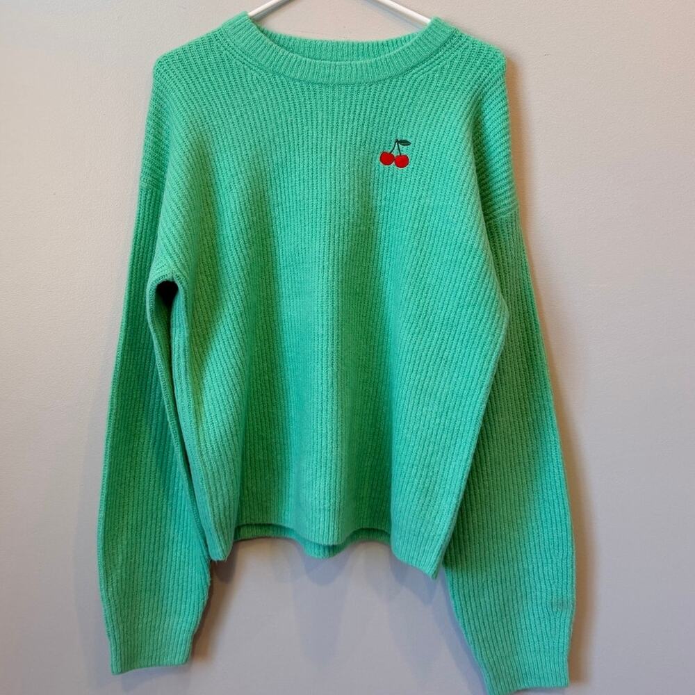 A New Day Cherry Embroidered Knit Pullover Sweater Size M Green NWT Target